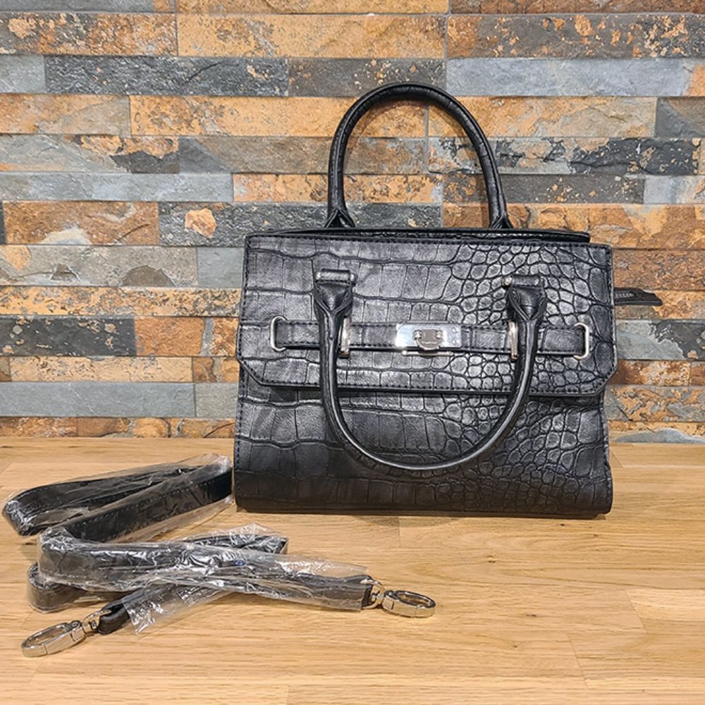 BEBE Cindy Crocodile Satchel Gunmetal Faux Leather Cross Body Bag
